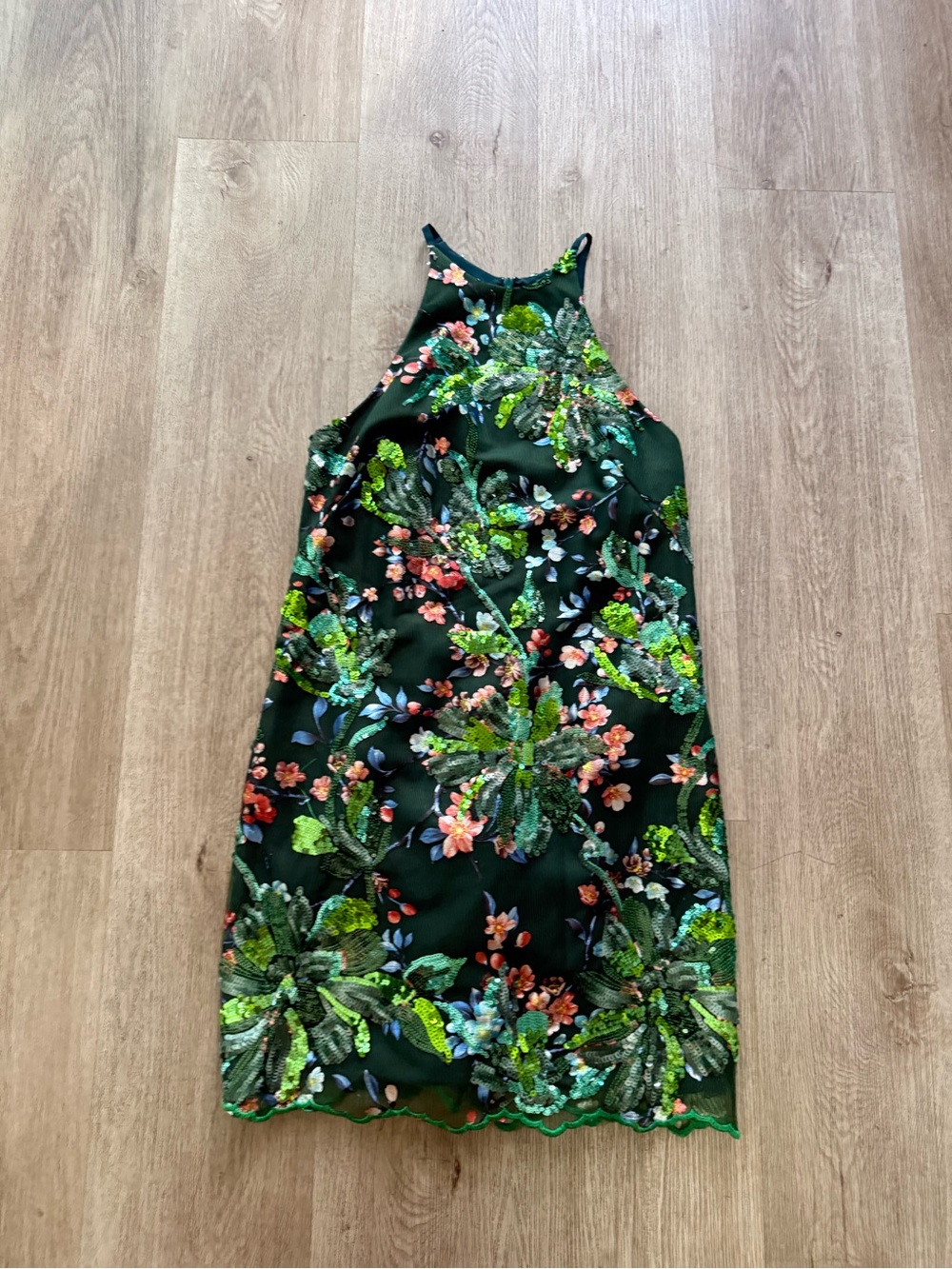 helsi green floral sequin embroidered halter mini cocktail party dress size XS